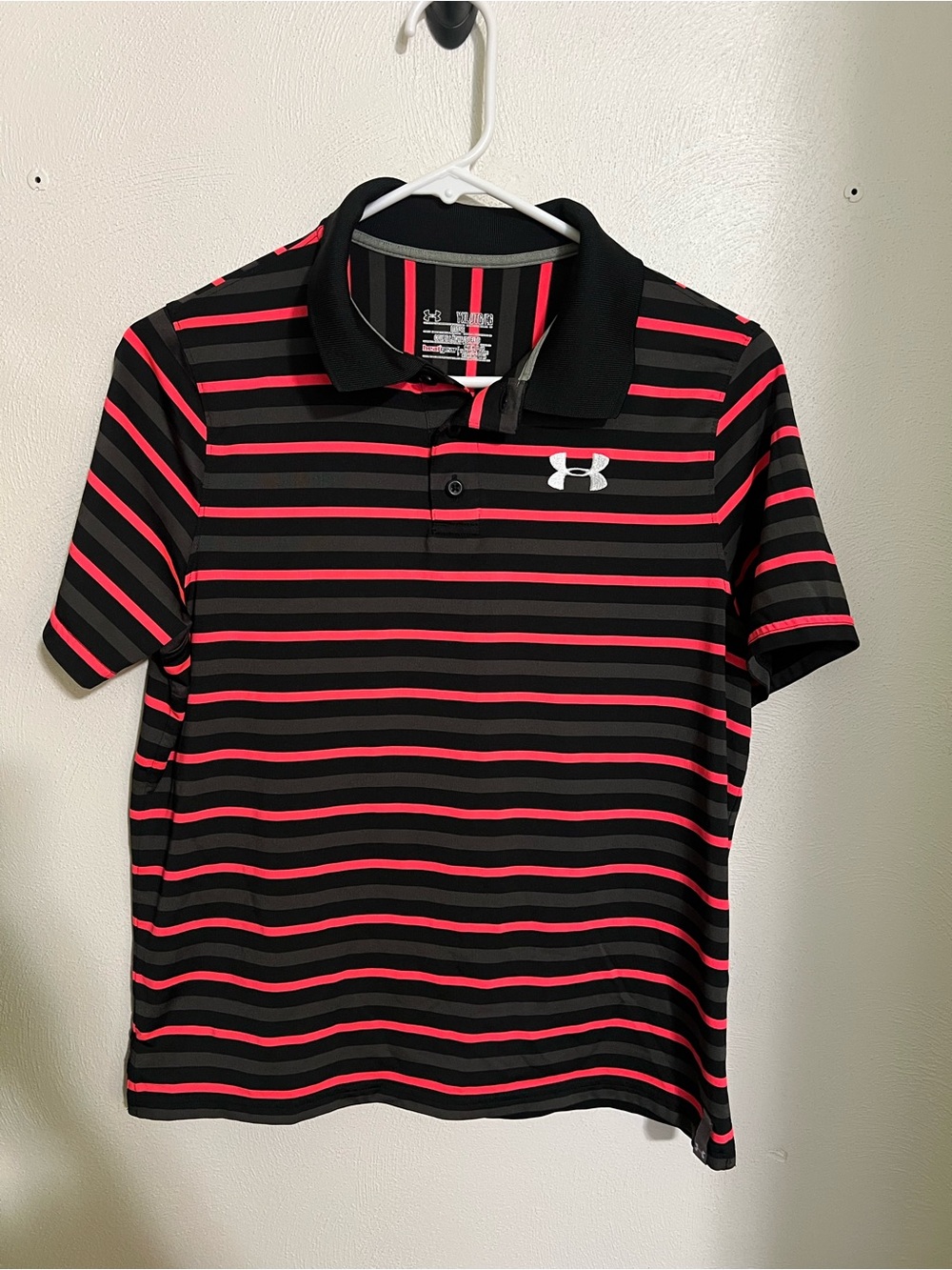 UNDER ARMOUR Classic Striped Quick Dry Logo Polo Black White Orange Boy's Sz XL